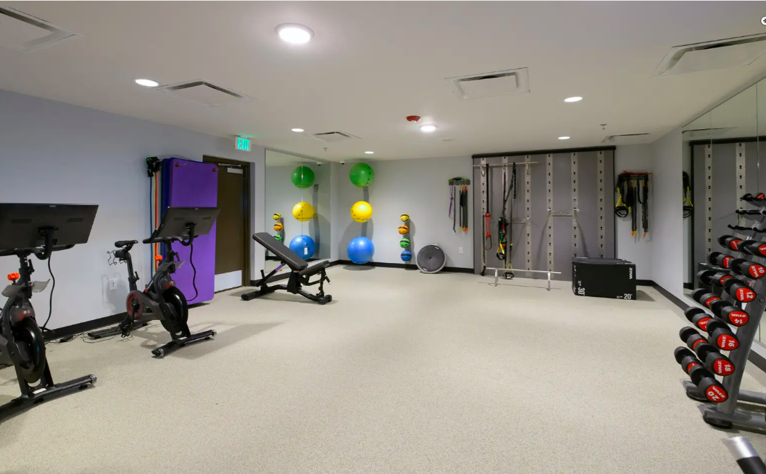 The Standard Atlanta fitness room with yoga studio. Off-campus housing near Georgia Tech in Midtown Atlanta 