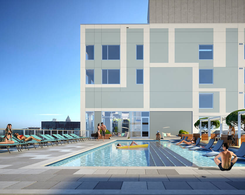 The Connector apartments pool deck. Off-campus student housing near Georgia Tech in Atlanta Midtown