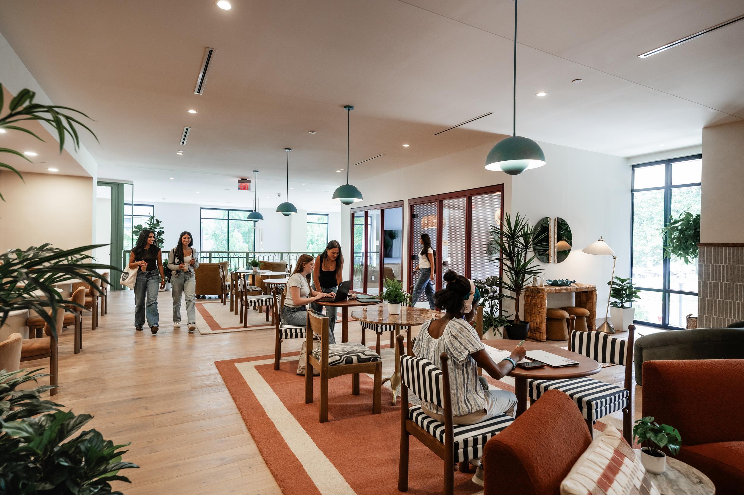The study mezzanine at Rambler Atlanta features space for both individual quiet study and collaborative group projects.
